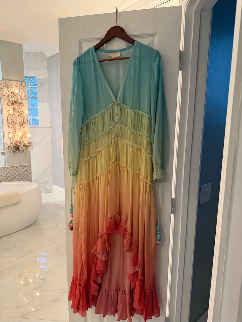 Rococo Sand Aqua-to-Coral Ombre High-Low Ruffle Maxi Dress